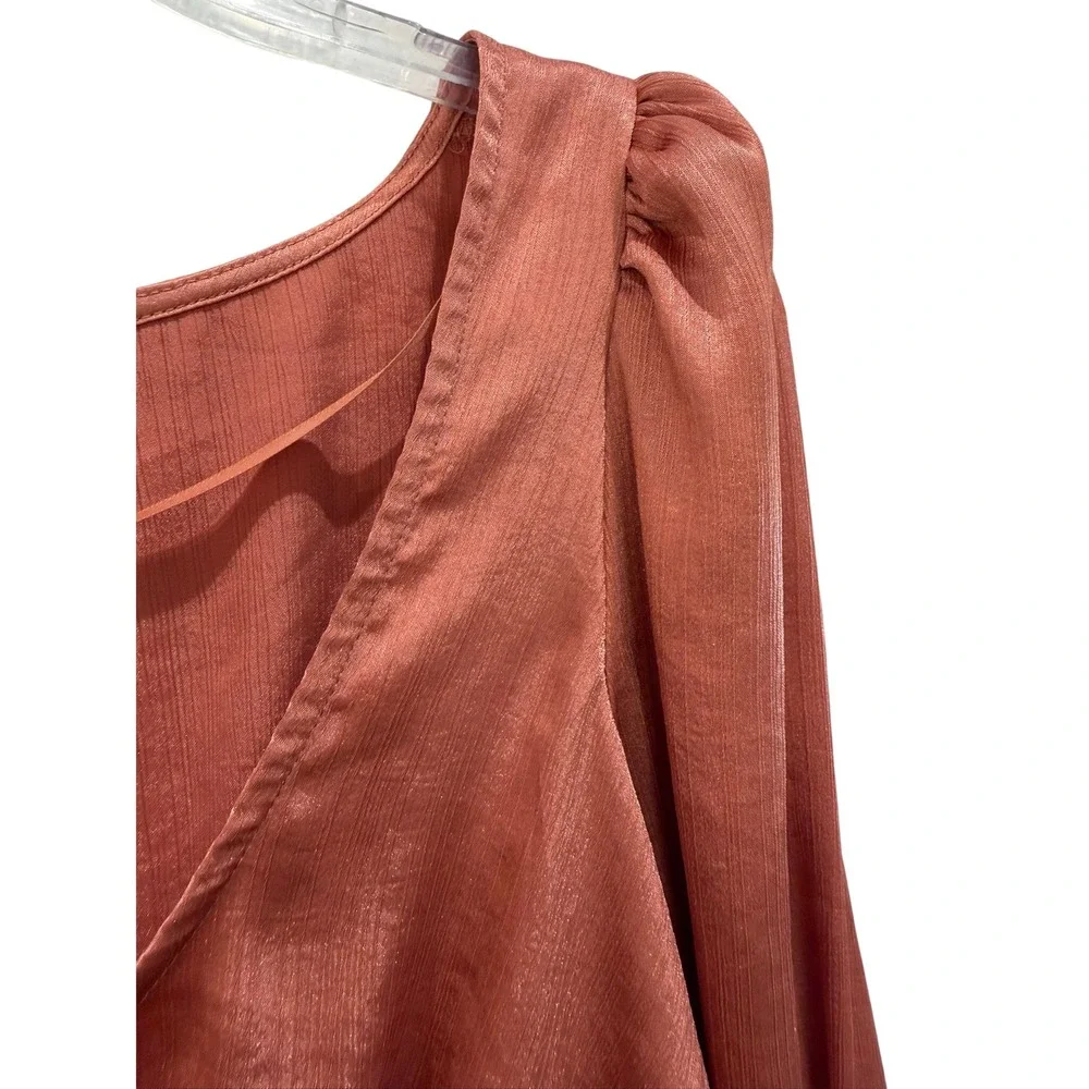 Free People Womens Smocked Waist Shimmer Crop Top Rust Orange Long Sleeve Size M